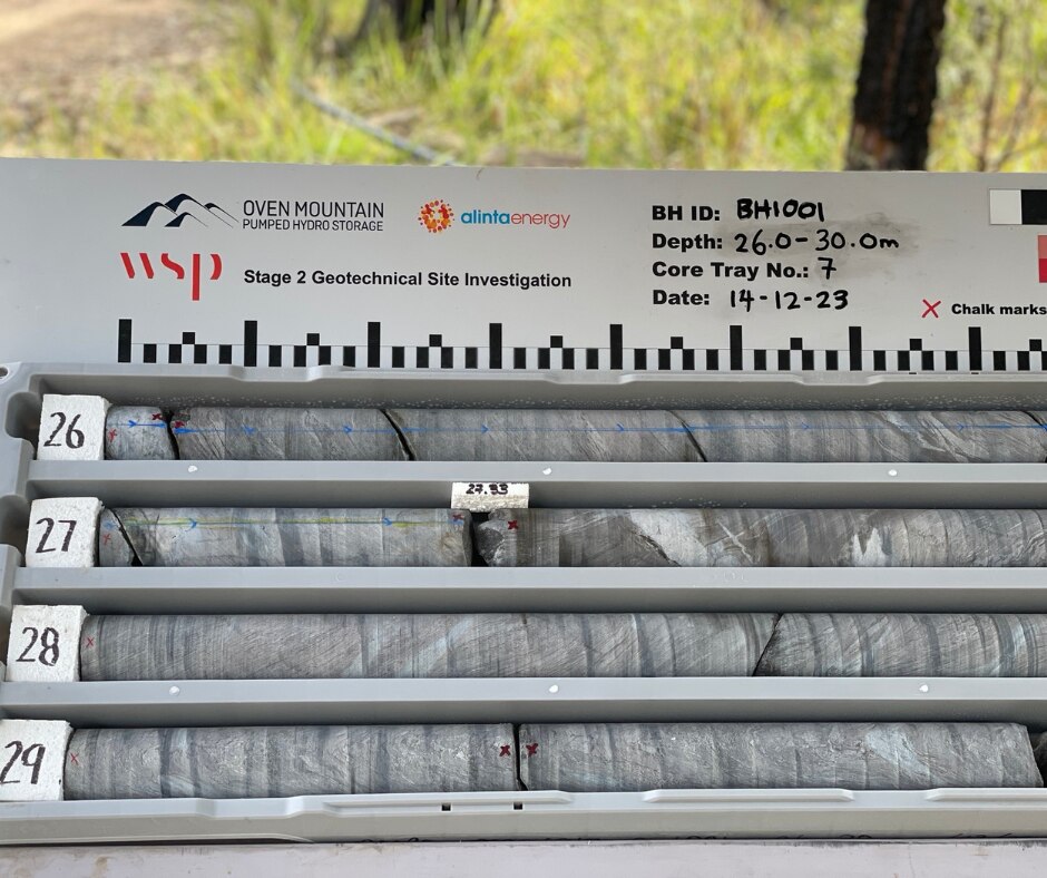 A row of drill cores extracted from the geotechnical site.